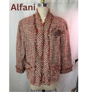 Alfani Tweed Fringe Jacket Red White Open Front Bouclé Blazer Size 16